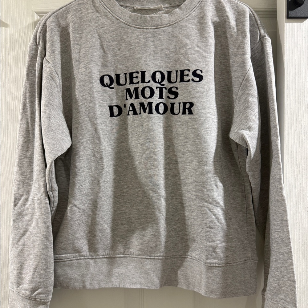 Mango Gray Crewneck Sweater with Black Text